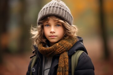 Portrait of a beautiful little girl in a warm hat and scarf in the autumn forest.