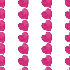 Hot pink watercolor hearts. Seamless pattern of a row of hearts