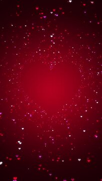 vertical valentines day and love ,shiny and glitter hearts, glowing particles, valentine and marriage concept, social media story and shorts dark red gradient background	