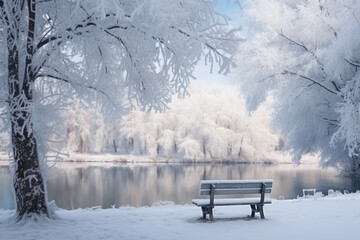 Bench in the city snow covered winter park with a lake and beautiful trees in frost in morning. Generative AI