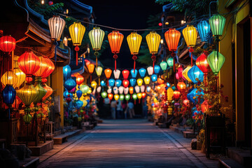 Fototapeta premium Many kind of lanterns hanging on street market. Colorful tradition lanterns in chinese style. Generative AI