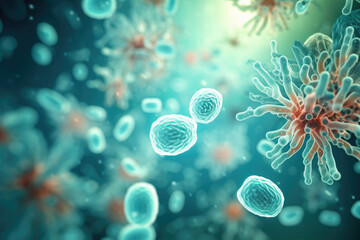 Probiotics. Science biological background. Microscopic bacterias. Generative AI