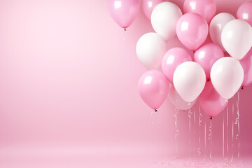 rosane pinke und weiße Ballons mit Platz für Text. Querformat. Generative Ai. - obrazy, fototapety, plakaty