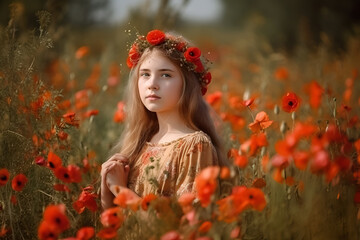 Naklejka premium A girl with long blond hair and in a wreath in a field with red poppies
