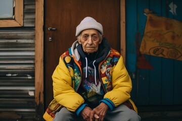Portrait of an old man in a yellow jacket and hat sitting on the street.