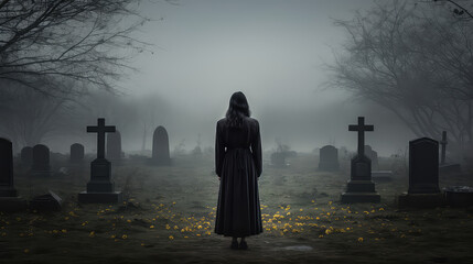 Back view of a lone woman in the middle of a cemetery and tombstones. Overcast, dark, scary creepy atmosphere. - obrazy, fototapety, plakaty
