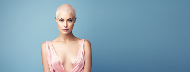Young pretty bald woman with shaved head isolated on blue flat background with copy space. Baldness, alopecia areata from radiation therapy.