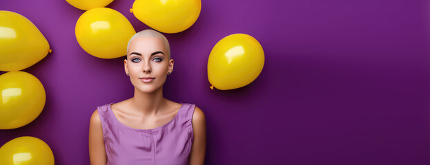 Young pretty bald woman with shaved head isolated on purple flat background with copy space. Baldness, alopecia areata from radiation therapy.