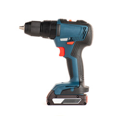 Cordless combi drill. Cordless screwdriver and impact drill. Isolated white background.