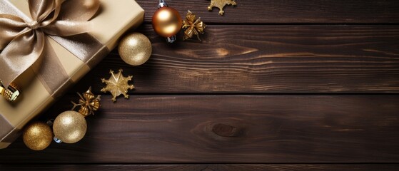 Dark Christmas background, xmas flat lay with copyspace, golden decoration, free space for text, ai generated