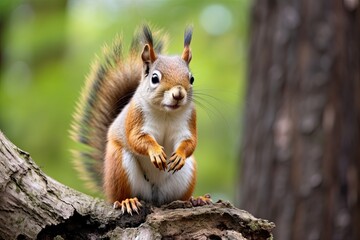 Obraz premium Closeup of an adorable red squirrel in its natural woodland habitat, curiously perched on a tree branch, with fluffy fur and bushy tail.