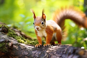 Closeup of an adorable red squirrel in its natural woodland habitat, curiously perched on a tree branch, with fluffy fur and bushy tail. - obrazy, fototapety, plakaty