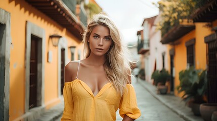 A beautiful blonde sns influencer exploring the cobblestone streets of Cartagena amidst yellow colonial buildings. A beautiful blonde woman walking on a city street in Colombia. generative AI