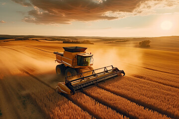 Harvesting season in the rural countryside. Agricultural machinery at work, collecting golden crops...
