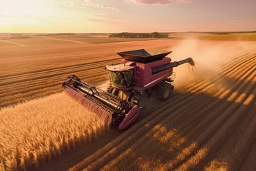 Foto op Plexiglas Harvesting season in the rural countryside. Agricultural machinery at work, collecting golden crops under the vast blue sky. © ChaoticMind