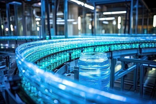 High-tech industrial water bottling plant in action. Automated machinery ensures pure and fresh water production, promoting ecological health.