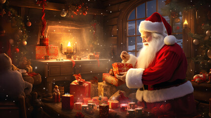 Santa Claus preparing Christmas gifts at night - obrazy, fototapety, plakaty