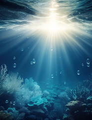 Fototapeta na wymiar Sea background with bubbles and sunlight, the seabed without abodes