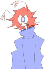 Moth man simple cartoon style art in a blue sweater with orange hair and big eyes