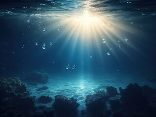Sea background with bubbles and sunlight, the seabed without abodes - obrazy, fototapety, plakaty
