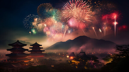 enchanting world of a Japanese festival, where the night sky is illuminated by a dazzling display of fireworks - obrazy, fototapety, plakaty