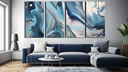 A minimalistic modern interior design,  interplay of liquid art and opulent textures a captivating liquid blue art canvas, with a colorful ink marble texture that forms an abstract 