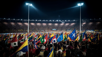 electric atmosphere of the Olympic Games with an image of a massive crowd of enthusiastic fans. The stadium is filled to capacity, and spectators from around the world have gathered to support