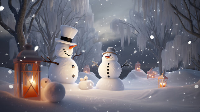 delightful image of a winter wonderland in a snowy park, adorned with charming Christmas decorations. In the foreground, there stands an adorable and cheerful snowman, complete with a carrot nose, coa