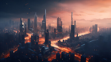 a breathtaking image of a futuristic cityscape illuminated by a dazzling array of night lights