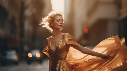 a mesmerizing and luxurious image for advertising product design, focusing on a woman with blond hair who is utterly lost in a dance of pure joy - obrazy, fototapety, plakaty