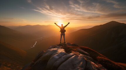 a moment of pure triumph and exhilaration as a happy man stands atop a majestic mountain, arms raised high, and joyfully leaps into the air to celebrate his successful hike - obrazy, fototapety, plakaty