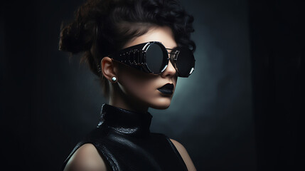 a striking image that blends elements of retro and futuristic fashion. The focal point is a stylish woman exuding confidence and a unique sense of style. She wears chic black sunglasses that are both 