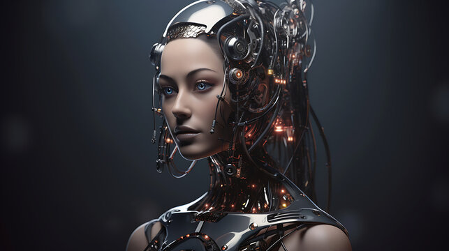 a mesmerizing and futuristic image of an android woman or cyber girl humanoid infused with cutting-edge AI technology. This advanced machine embodies the fusion of technology and beauty, with a sleek 
