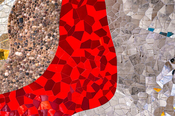 Abstract multicolored wall art glass crystals mosaic elements decoration. Detail of red, brown, glass silver color waves of ornamental abstract mosaic art patterns texture background.