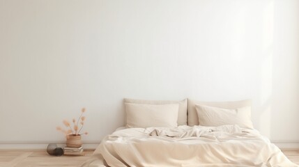 Light, cute and cozy home bedroom interior with unmade bed, cream linen sheets and cushions on empty white wall background.