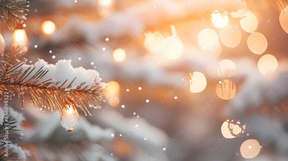 Wall mural Winter abstract minimal background with fir tree branches covered with snow and copy space.