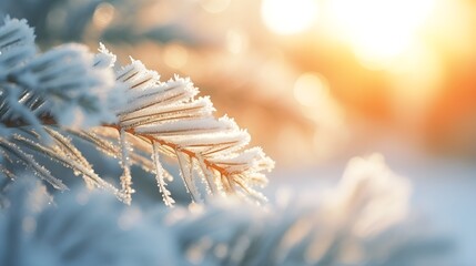 Winter abstract minimal background with fir tree branches covered with snow and copy space. - obrazy, fototapety, plakaty