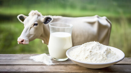 Glass of milk and colostrum supplement powder on a table on background green field with cow. Natural and wholesome nature of the products - obrazy, fototapety, plakaty