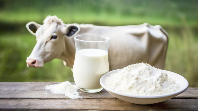 Glass of milk and colostrum supplement powder on a table on background green field with cow. Natural and wholesome nature of the products