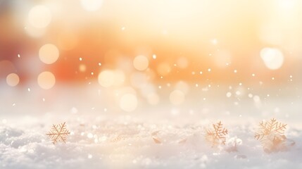 Fototapeta na wymiar Abstract winter snow with golden snowflakes and bokeh. Festive minimal background.