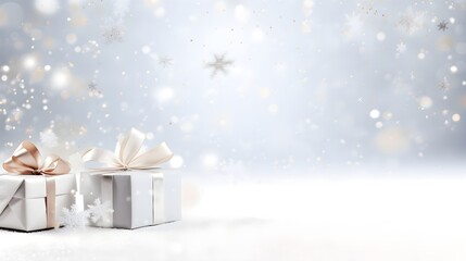 Festive present gift box with White snowflakes. Abstract background with copy space.