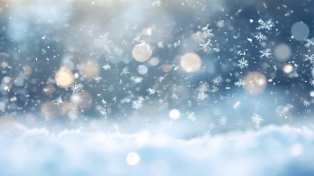 Abstract winter snow with white snowflakes confetti and bokeh. Festive minimal background.