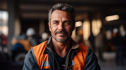 Portrait of a smiling construction worker. Ai generative. - obrazy, fototapety, plakaty