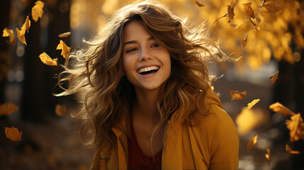 Beautiful girl laughs on an autumn day. Ai generative