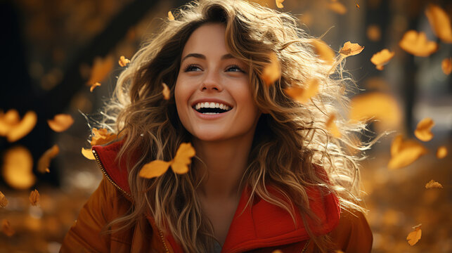 Beautiful Girl Laughs On An Autumn Day. Ai Generative