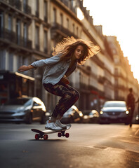 Young Woman Skateboarding on the Streets of Paris, generative ai - obrazy, fototapety, plakaty