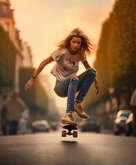 Young Woman Skateboarding on the Streets of Paris, generative ai - obrazy, fototapety, plakaty