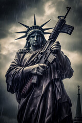 Statue of Liberty with Submachine Gun: Symbolizing America's Complex Relationship with Firearms and Freedom. Generative AI.