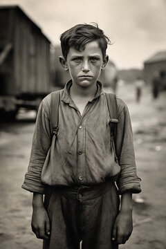 Vintage B&W Photo: Poor Boy Amidst the Great Depression. Generative AI.
