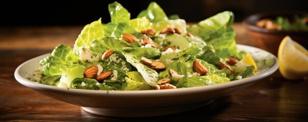 A delightful play on textures, this shot captures the crunch of toasted pine nuts delicately tered atop a bed of vibrant green romaine lettuce leaves. The nuts add a wonderful nuttiness